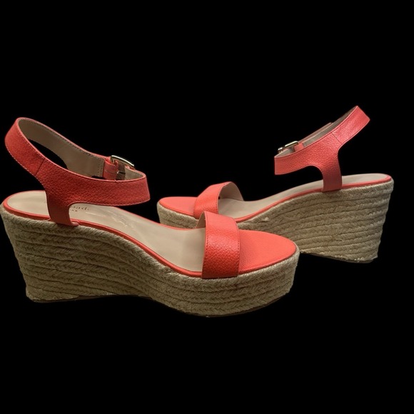 Kate Spade Espadrille Wedge Sandals In Coral Pop Womens 9.5 Tumbled Leather - Picture 1 of 8